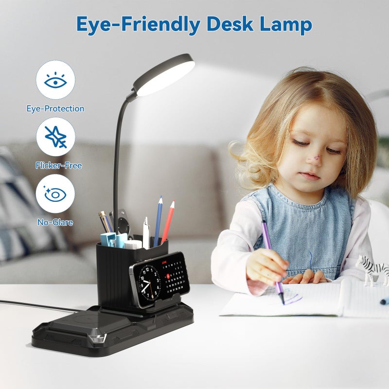KDD 4 in 1 Desk Lamp with Wireless Charger - 360Â° Rotating Gooseneck Small Table Lamp with Pen Holder & Phone Stand, Adjustable White and Warm Light Dual Mode LED Desk Light for College Dorm Room - Image 3