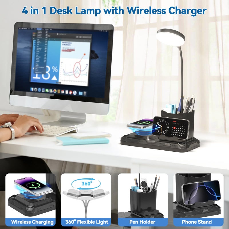KDD 4 in 1 Desk Lamp with Wireless Charger - 360Â° Rotating Gooseneck Small Table Lamp with Pen Holder & Phone Stand, Adjustable White and Warm Light Dual Mode LED Desk Light for College Dorm Room - Image 2