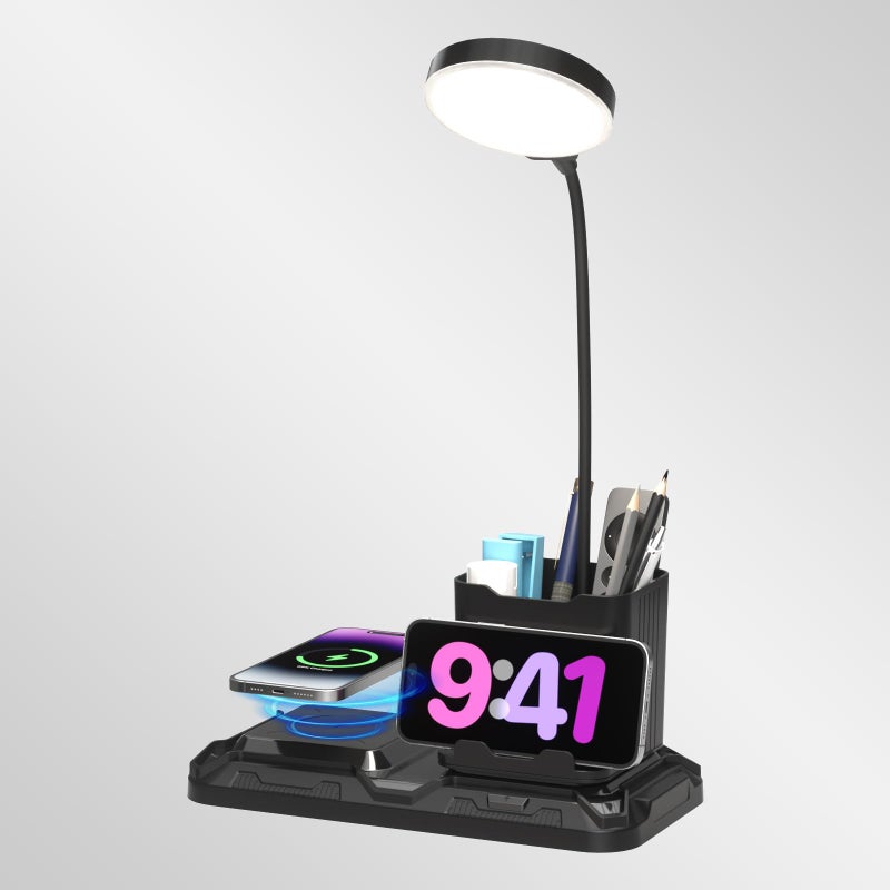 KDD 4 in 1 Desk Lamp with Wireless Charger - 360Â° Rotating Gooseneck Small Table Lamp with Pen Holder & Phone Stand, Adjustable White and Warm Light Dual Mode LED Desk Light for College Dorm Room - Image 1