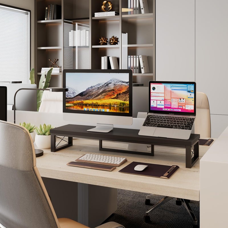 IBUYKE Large Dual Monitor Stand Riser for 2 Monitors, Wooden Desktop Computer Monitor Stand Storage Shelf and Steel Legs,Dual Screen Office Desk,Monitor Riser for Computer, Printer,Laptop,TV,Black TDJ002B - Image 5