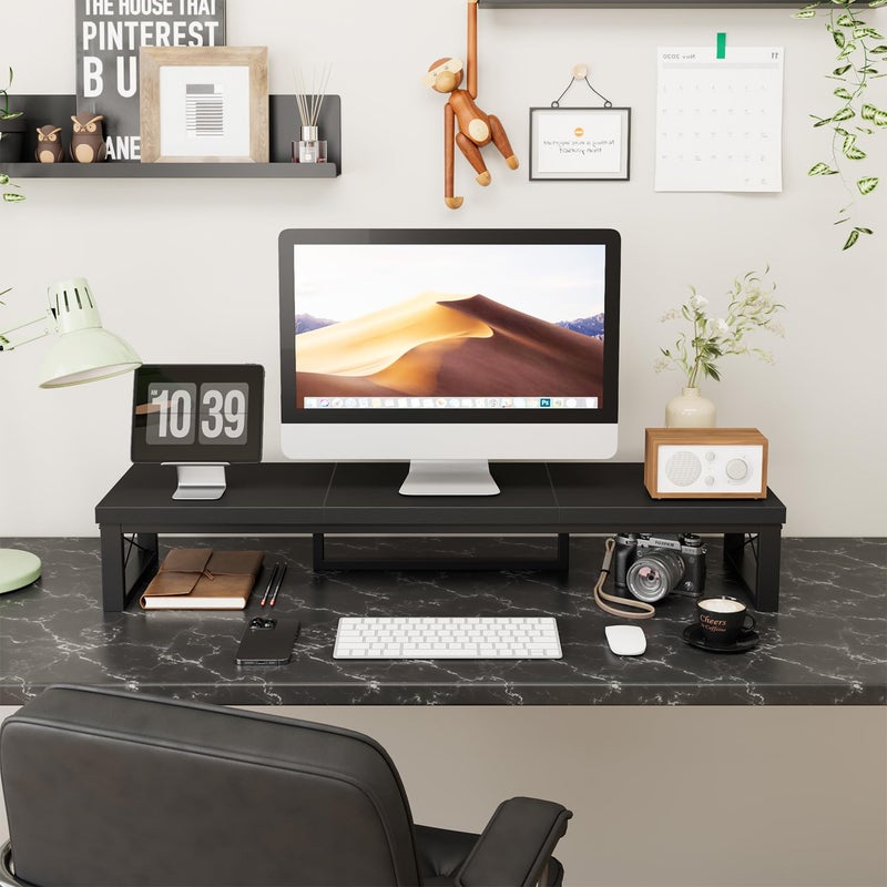 IBUYKE Large Dual Monitor Stand Riser for 2 Monitors, Wooden Desktop Computer Monitor Stand Storage Shelf and Steel Legs,Dual Screen Office Desk,Monitor Riser for Computer, Printer,Laptop,TV,Black TDJ002B - Image 3