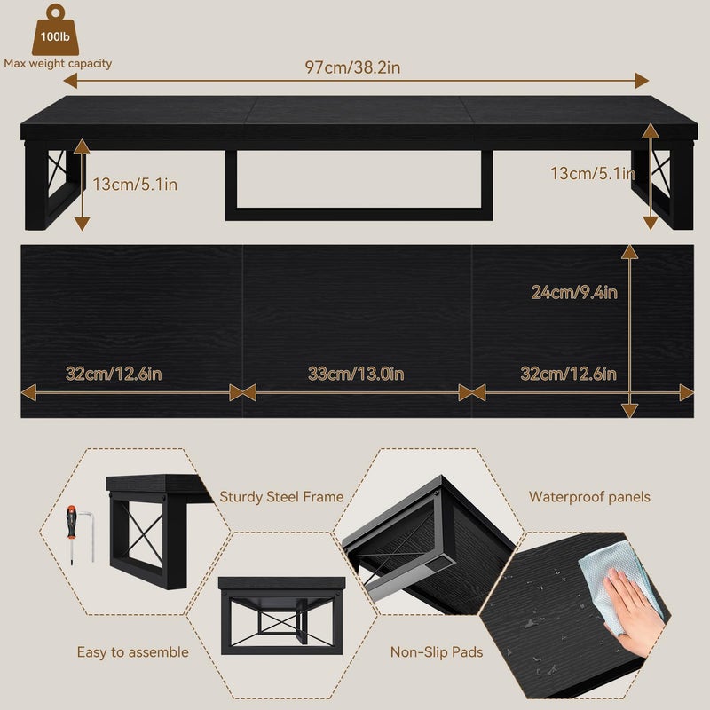 IBUYKE Large Dual Monitor Stand Riser for 2 Monitors, Wooden Desktop Computer Monitor Stand Storage Shelf and Steel Legs,Dual Screen Office Desk,Monitor Riser for Computer, Printer,Laptop,TV,Black TDJ002B - Image 4