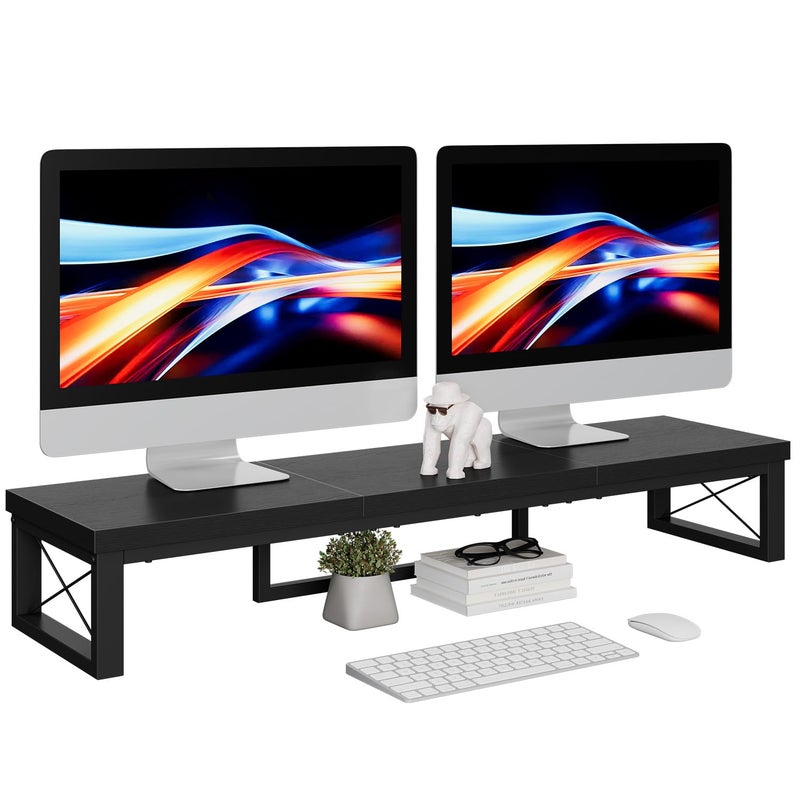 IBUYKE Large Dual Monitor Stand Riser for 2 Monitors, Wooden Desktop Computer Monitor Stand Storage Shelf and Steel Legs,Dual Screen Office Desk,Monitor Riser for Computer, Printer,Laptop,TV,Black TDJ002B - Image 1