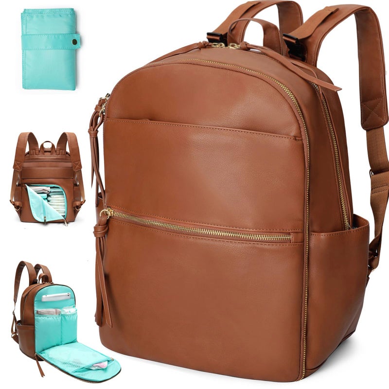 MOMINSIDE Diaper Bag Backpack with 6 Insulated Pockets, Leather Diaper Bag, Large Baby Bag for Mom, Baby Registry, 18 Pockets, Changing Pad, Stroller Straps (Brown) - Image 1