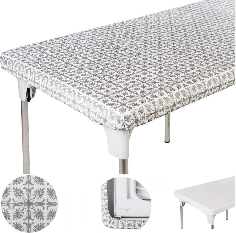 TopTableCloth 5 Foot 60 x 18 inch Silver Patterned Training Tablecloth Plastic Vinyl Table Cloth Waterproof Elastic Corner for Trade Show Seminar Conferences Table Cover Meetings Indoor Outdoor Use - Image 1