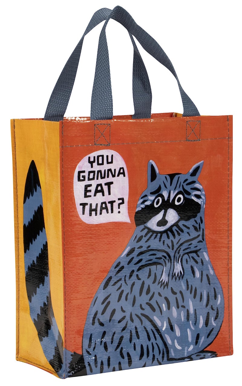 Blue Q Handy Tote Bag - You Gonna Eat That - Recycled & Reusable Sturdy Canvas Shopping Bag with Quirky Art and Handles, 95% Recycled Material Ideal for Lunch, Gift, Groceries 10" h x 8.5" w x 4.5" d - Image 1