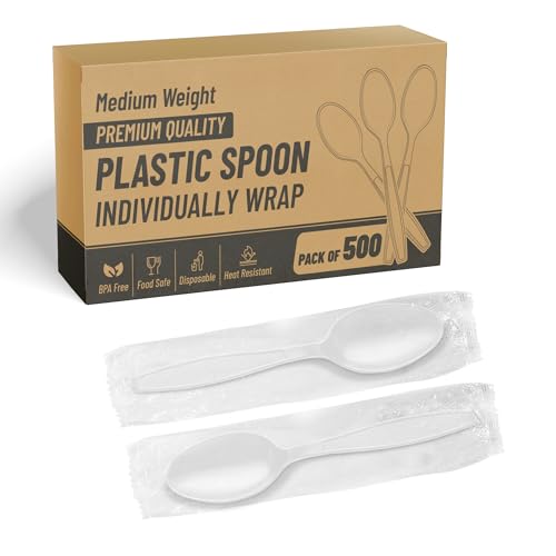 SafeWare Individually Wrapped White Plastic Spoons 500 Pcs- Medium Weight - Ideal for House Party, Backyard BBQ, Picnic, Home, Use.…… - Image 1