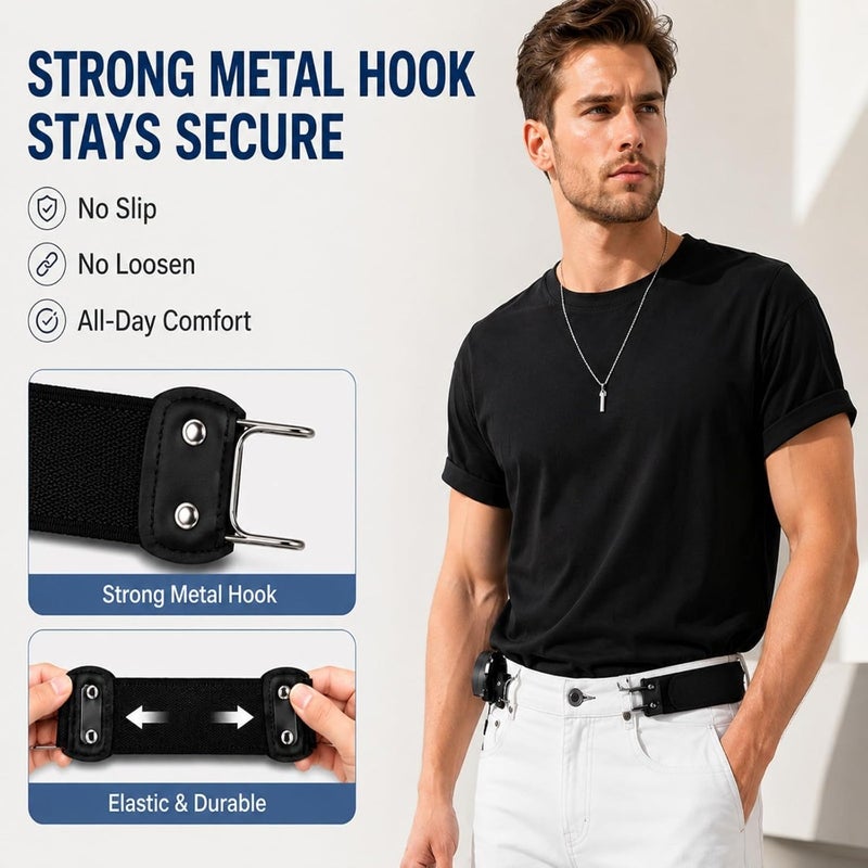حزام بدون أربطة للرجال، حزام مرن قابل للتعديل مع خطاف معدني، مجموعة 2 - Image 4