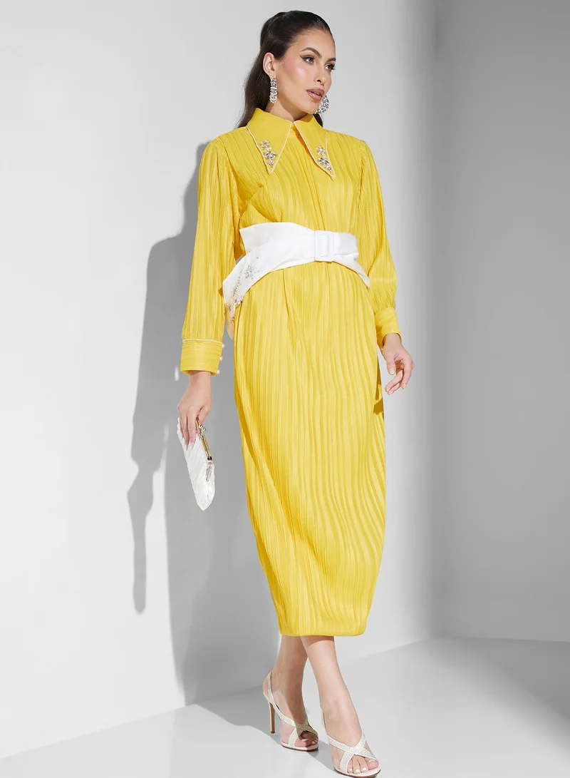 Threadz by Ajooni Embroidered Lapel Belted Dress
