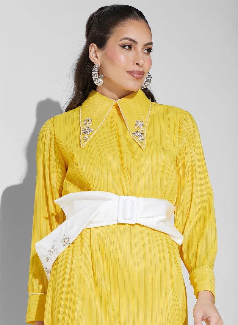 Threadz by Ajooni Embroidered Lapel Belted Dress