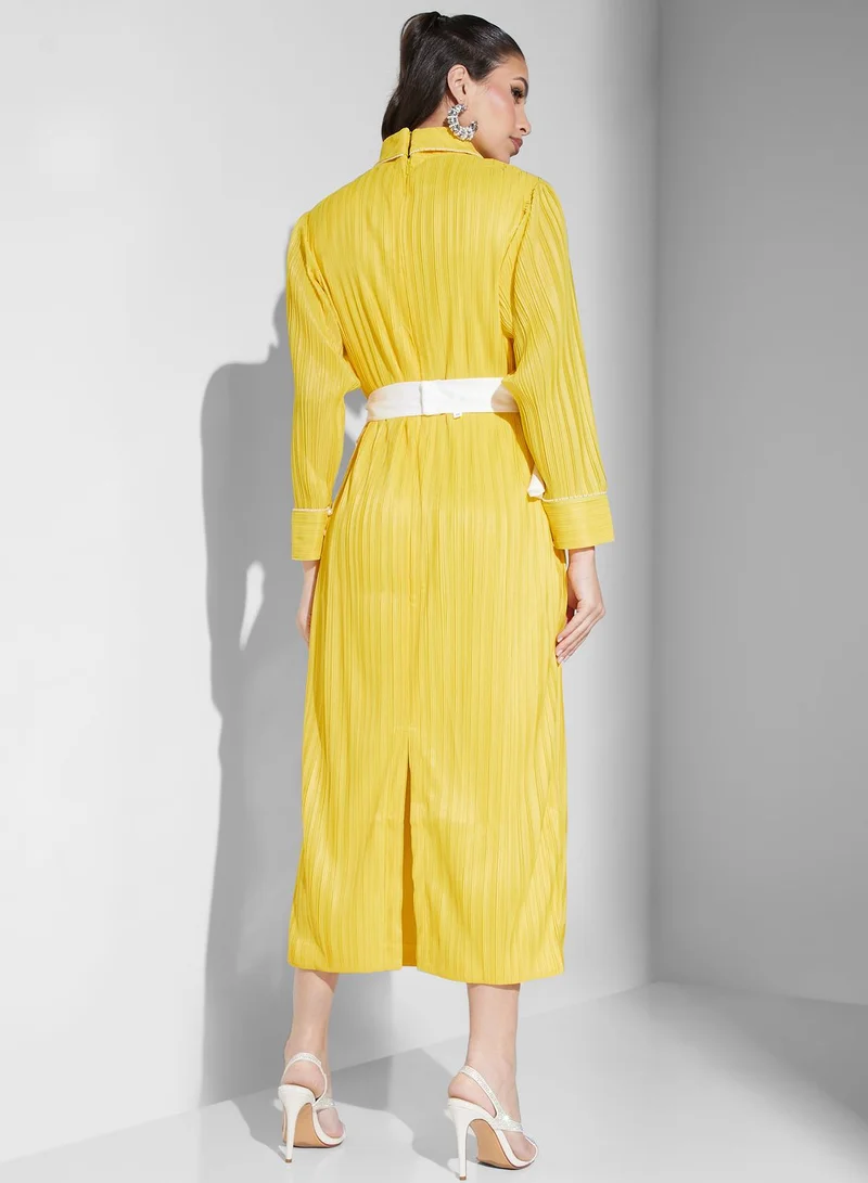 Threadz by Ajooni Embroidered Lapel Belted Dress