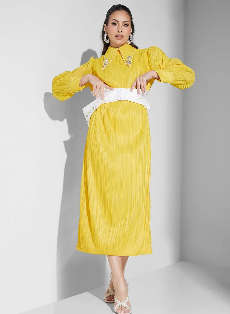 Threadz by Ajooni Embroidered Lapel Belted Dress