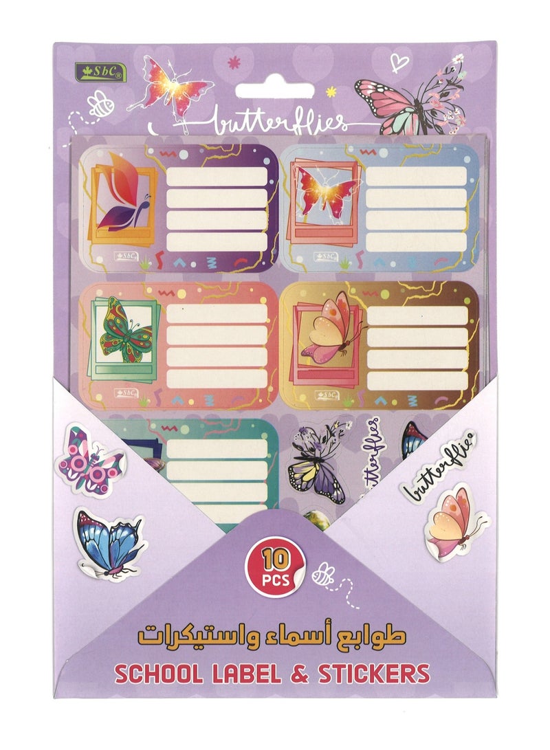SBC 10-Sheet Name Labels And Stickers For School Butterflies Design - Image 1