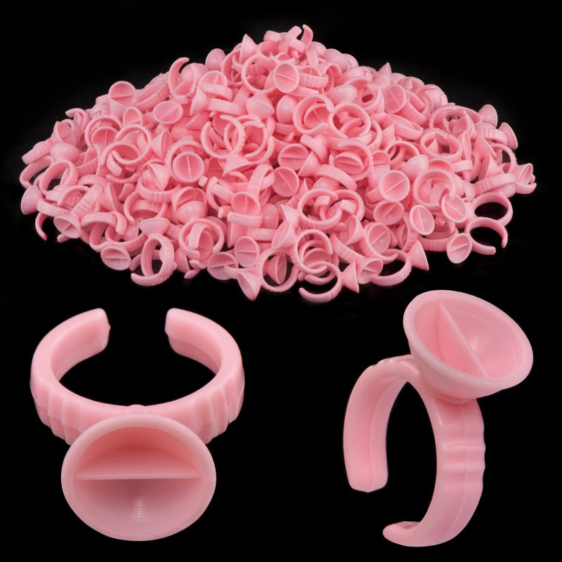 Beauty Junko Eyelash Glue Rings 300PCS Lash Glue Holder Pallet for Lash Extension 2 Slot Pink Glue Cup Lash Rings Plastic Makeup Rings for Nail Art Lash Tech Tools Lash Extension Supplies 