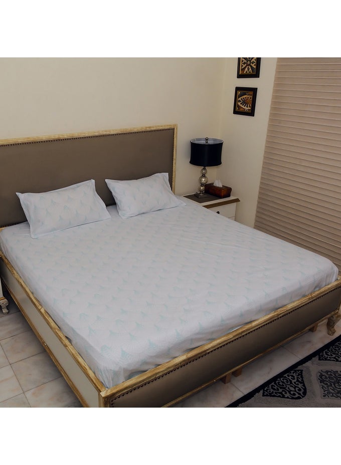 3 PIECE HOMETEX DESIGN 100% COTTON KING SIZE PRINTED FLAT SHEET SET BLUE EVENTAIL - 1 FLAT SHEET (240X260 CM) + 2 PILLOW COVERS (50X80 CM)