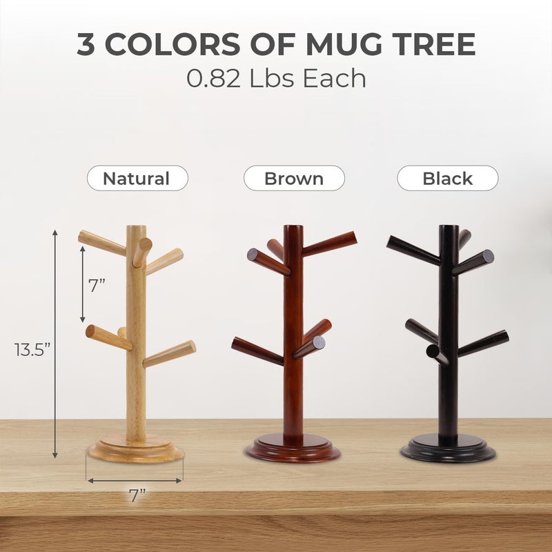 Nabytok Mug Tree Set of 2 | 13.5"x7"x7", 6 Hooks Cup Holder with Thick Rubberwood Base, Wooden Coffee Mug Holder Stand for Countertop, Kitchen Table, Cup Organizer Rack for Mugs or Utensils - Image 2
