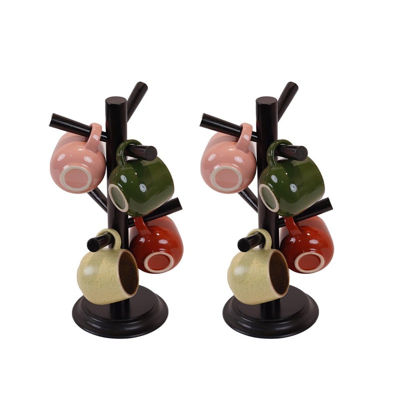 Nabytok Mug Tree Set of 2 | 13.5"x7"x7", 6 Hooks Cup Holder with Thick Rubberwood Base, Wooden Coffee Mug Holder Stand for Countertop, Kitchen Table, Cup Organizer Rack for Mugs or Utensils - Image 1