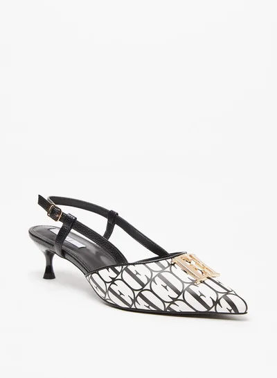 ELLE Women's Monogram Print Pumps with Buckle Closure and Kitten Heels
