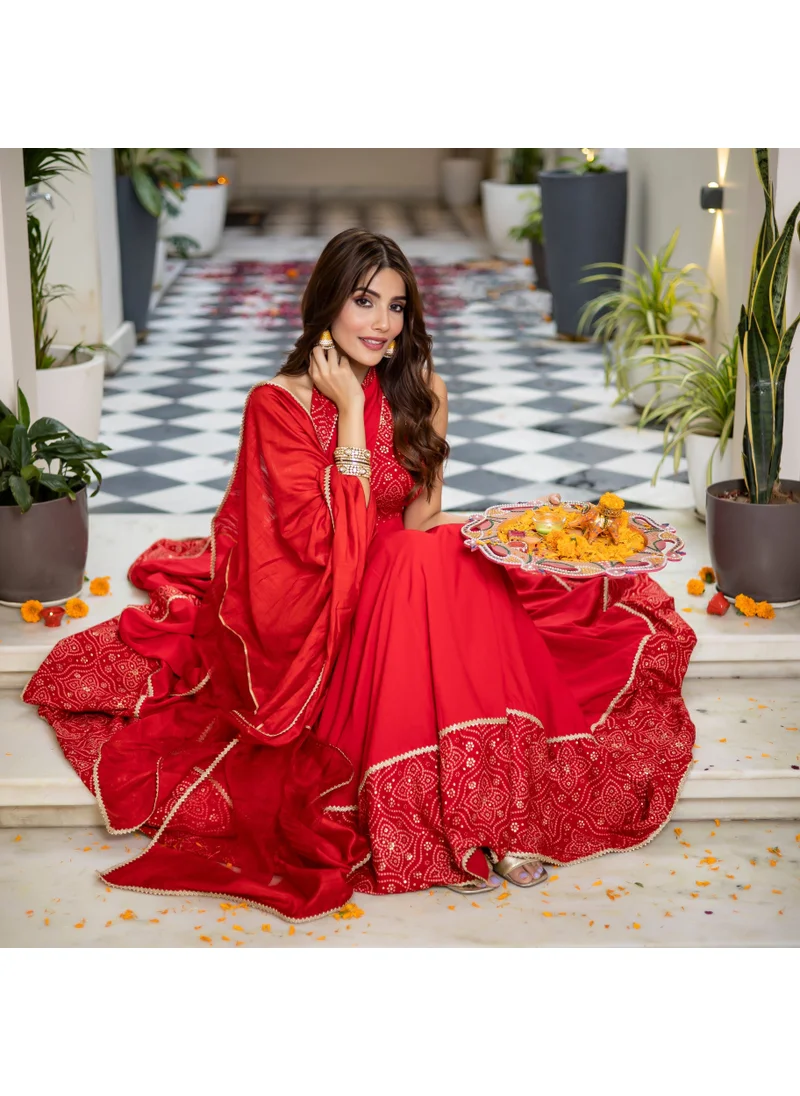 ZERESOUQ Milonee Red Rayon Bandhani Suit Set