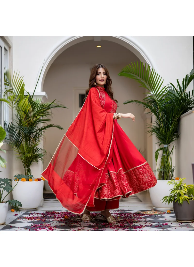 ZERESOUQ Milonee Red Rayon Bandhani Suit Set