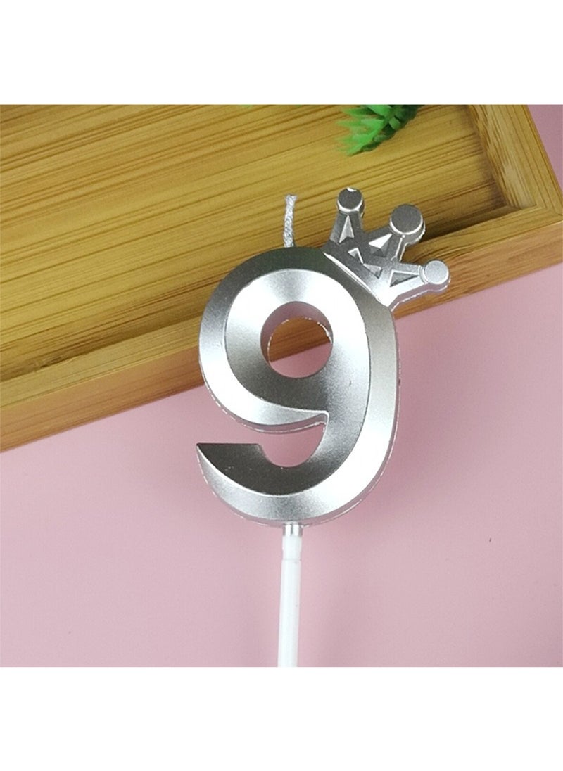 l&wen Crown Birthday Candles, Metallic Number Candles with Holders, Glitter Party Candles for Birthday, Wedding, Anniversary, Party Decorations (Number 9, Silver)  - Image 1