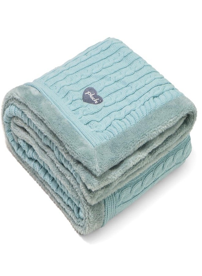 Pluchi Cable Knit with Embroidered Heart Cotton Knitted Blanket with Faux Fur Back for Babies (80cm x 100 cm) (Baby Blue) - Image 4