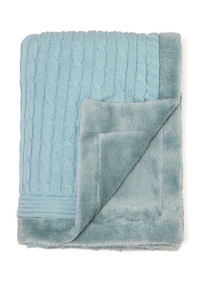 Pluchi Cable Knit with Embroidered Heart Cotton Knitted Blanket with Faux Fur Back for Babies (80cm x 100 cm) (Baby Blue) - Image 1
