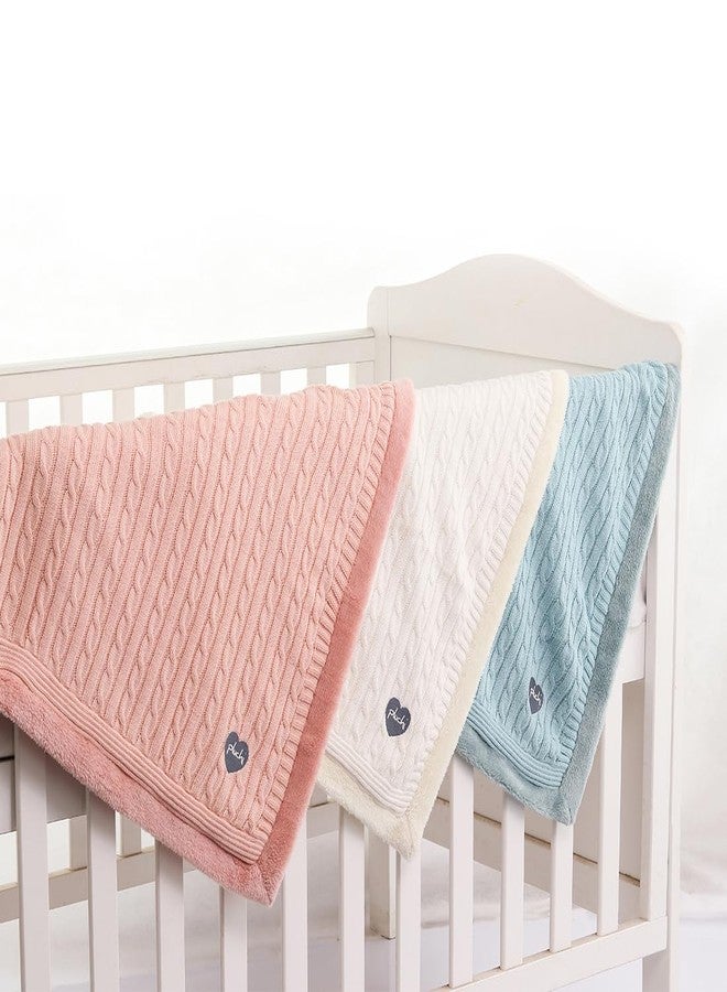 Pluchi Cable Knit with Embroidered Heart Cotton Knitted Blanket with Faux Fur Back for Babies (80cm x 100 cm) (Baby Blue) - Image 5