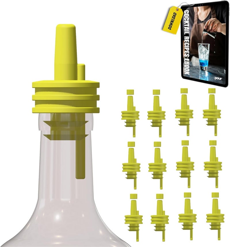 zPour Yellow Premium Quality Liquor Pour Spout Pack 12 Silicone For Bartenders Bars Home Kitchen Juice Oil Alcohol Dispenser Leakproof Reusable Cap Easy Clean Bright Color Pourer Bottle Control Tool - Image 1