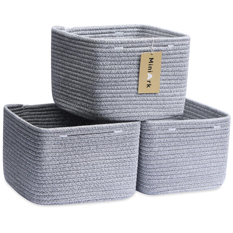 MiniArk Small Organizing Baskets for Cubes Shelf, 9.7x9.7x7.1 Inch Rope Woven Storage Bins for Nursery Shelves Storage, Cute Toy Basket, Square 3 Packs Mixed Grey - Image 1