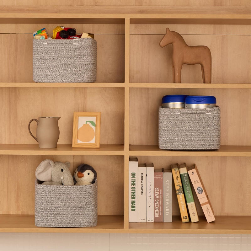 MiniArk Small Organizing Baskets for Cubes Shelf, 9.7x9.7x7.1 Inch Rope Woven Storage Bins for Nursery Shelves Storage, Cute Toy Basket, Square 3 Packs Mixed Grey - Image 4