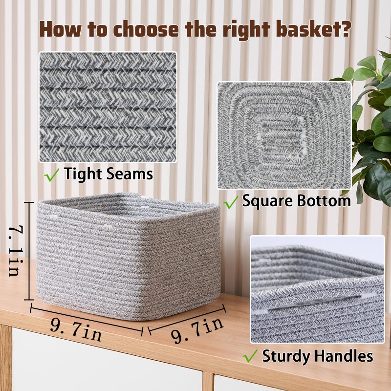 MiniArk Small Organizing Baskets for Cubes Shelf, 9.7x9.7x7.1 Inch Rope Woven Storage Bins for Nursery Shelves Storage, Cute Toy Basket, Square 3 Packs Mixed Grey - Image 2