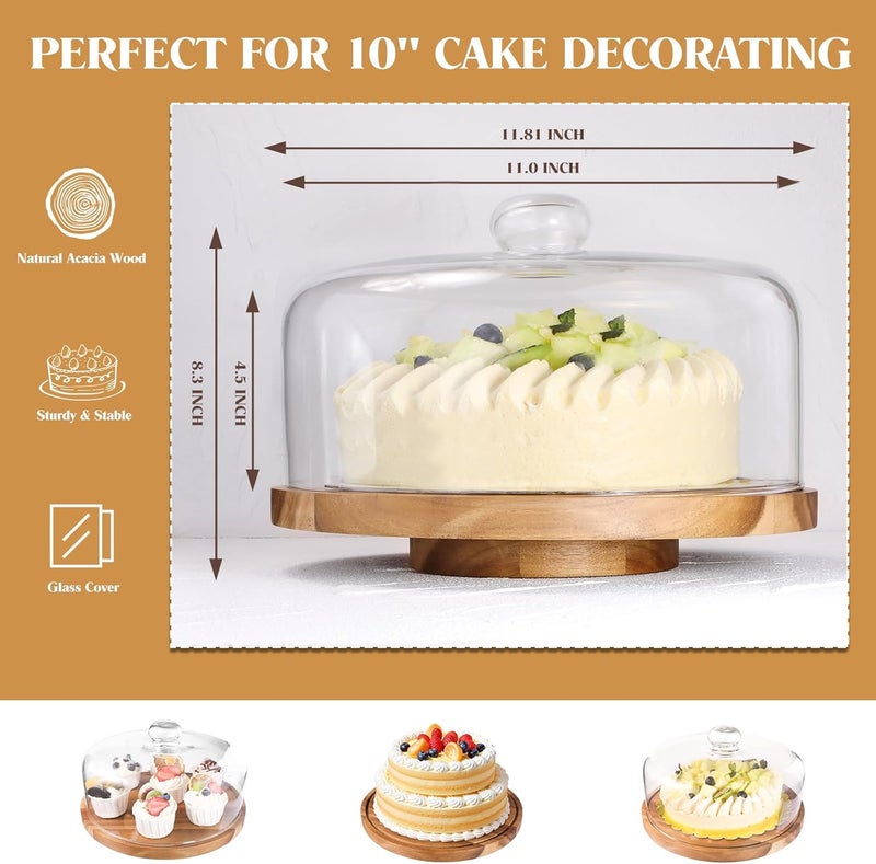 Krbnk Glass Rotating Cake Stand with Lid - 12" Acacia Wood Cake Plate with Dome, Includes 2 Extra Cake Boards - Cake Holder for Wedding, Birthdays, Kitchen, Party Display, Charcuterie Tray - Image 2