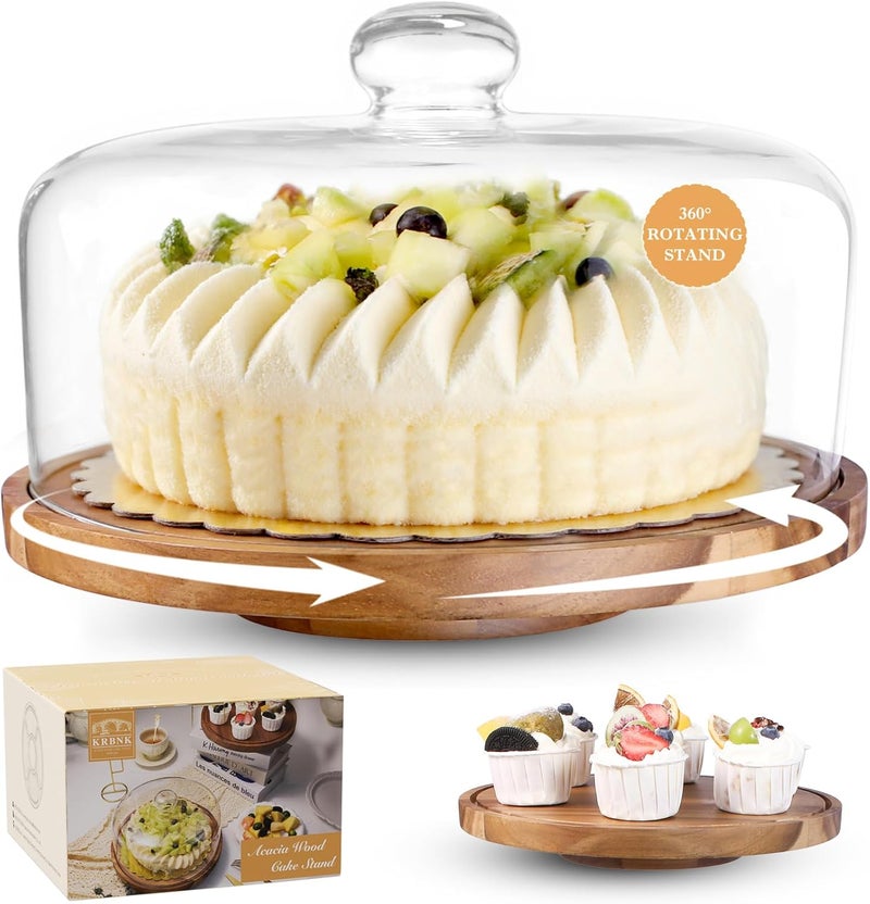 Krbnk Glass Rotating Cake Stand with Lid - 12" Acacia Wood Cake Plate with Dome, Includes 2 Extra Cake Boards - Cake Holder for Wedding, Birthdays, Kitchen, Party Display, Charcuterie Tray - Image 1
