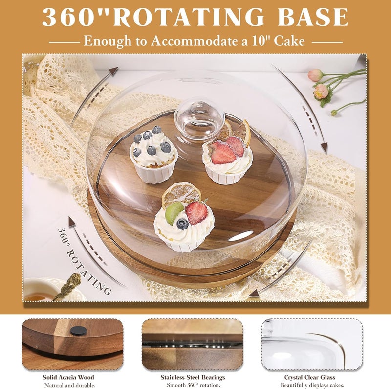 Krbnk Glass Rotating Cake Stand with Lid - 12" Acacia Wood Cake Plate with Dome, Includes 2 Extra Cake Boards - Cake Holder for Wedding, Birthdays, Kitchen, Party Display, Charcuterie Tray - Image 3