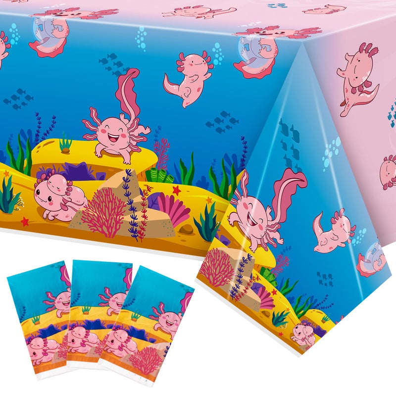 BkeeCten 3Pack Pink Cartoon Axolotl Party Table Cover Reptile Animals Waterproof Disposable Tablecover Plastic Rectangle Tablecloth for Girl Axolotl Birthday Baby Shower Party Supplies 54x108 inch