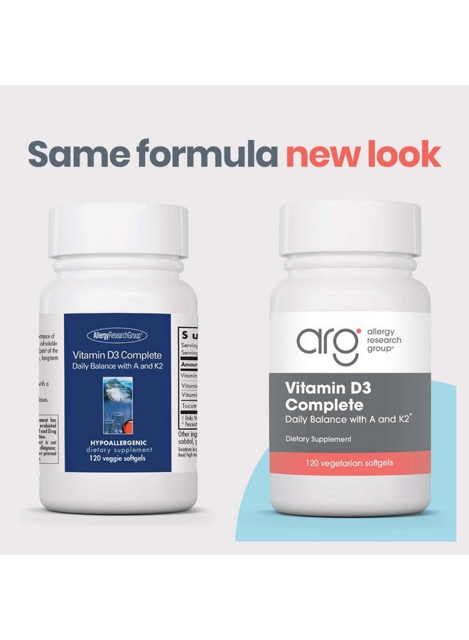 Allergy Research Group Vitamin D3 Complete - Vitamin D3 and K2 Supplement, Daily Balance, with Vitamin A, DeltaGold Tocotrienols, High Potency, Veggie Softgels - 120 Count - Image 2