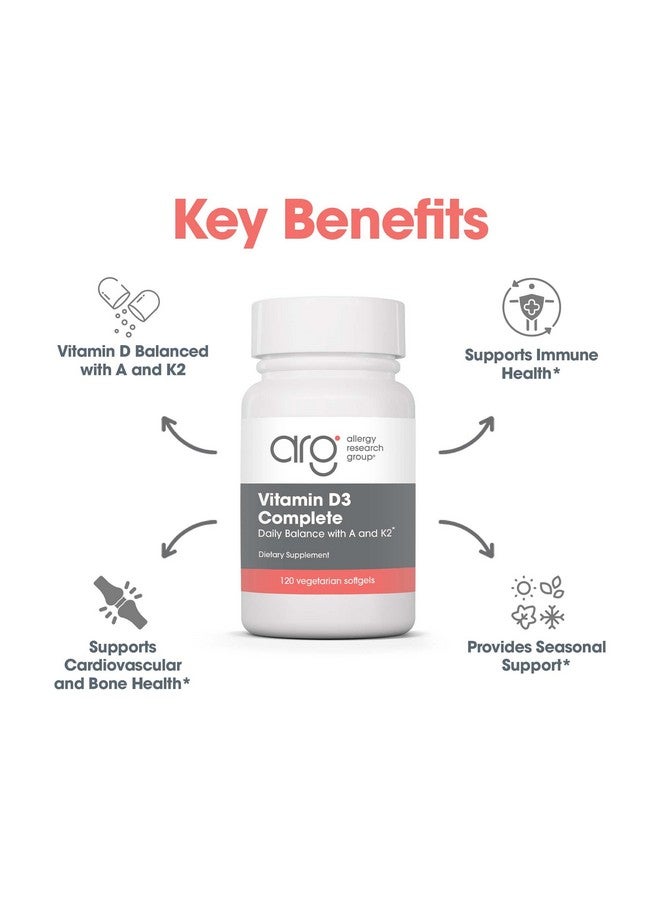 Allergy Research Group Vitamin D3 Complete - Vitamin D3 and K2 Supplement, Daily Balance, with Vitamin A, DeltaGold Tocotrienols, High Potency, Veggie Softgels - 120 Count - Image 4