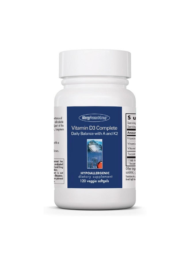 Allergy Research Group Vitamin D3 Complete - Vitamin D3 and K2 Supplement, Daily Balance, with Vitamin A, DeltaGold Tocotrienols, High Potency, Veggie Softgels - 120 Count - Image 1