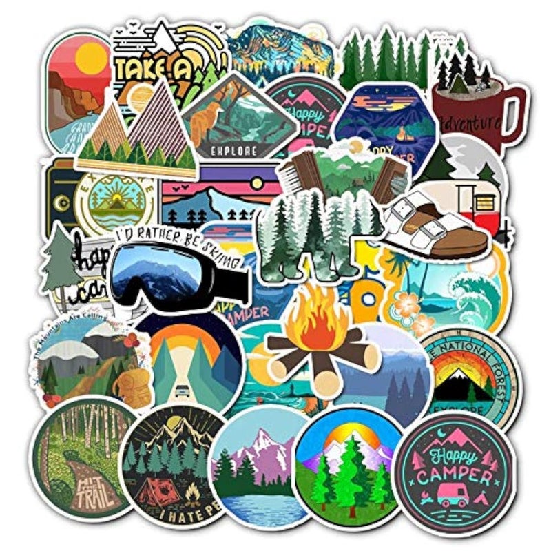 iDream Camping Landscape Outdoor Winter Adventure Climbing Travel Waterproof Vinyl DIY Sticker Set of 50 3 to 5 cm Durable Ideal for Laptops Gear and More - Image 1