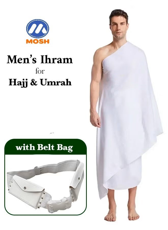 MOSH Ihram Towel with Belt Bag – 2-Piece Islamic Men's Towel Set – Soft Ahram/Ehram Towel – Absorbent Ritual Towels – Hygienic Pilgrimage Towels – Comfortable Hajj & Umrah Essentials – White - Image 1