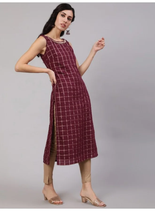 أيه كيه إس Burgundy Checked Kurta With Lace Details