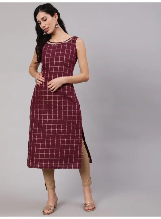 AKS Burgundy Checked Kurta With Lace Details