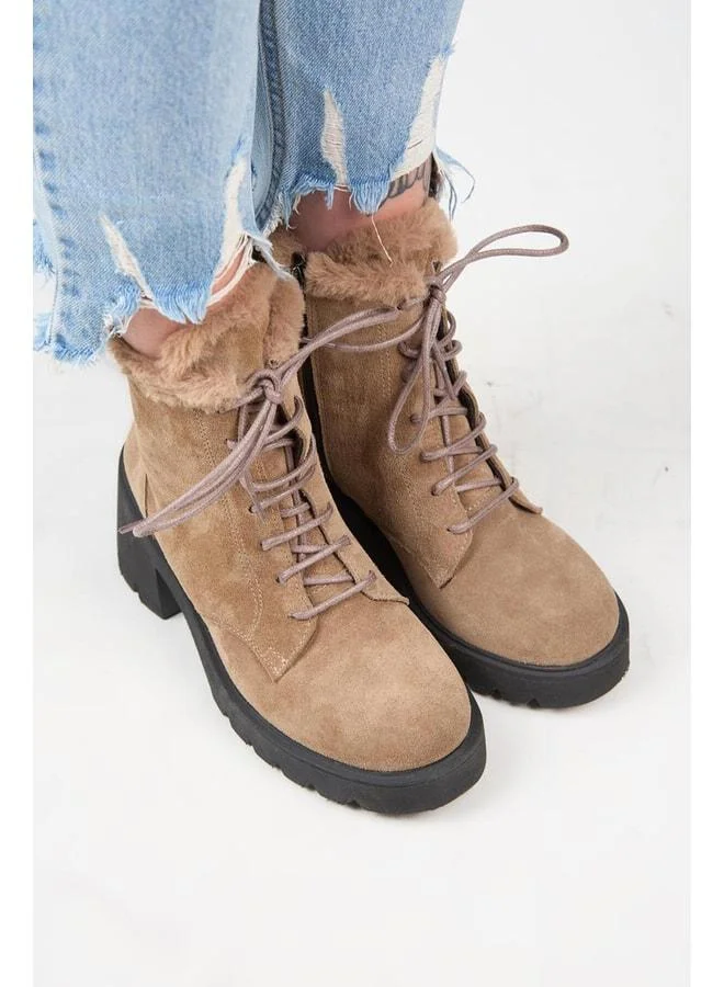 Manijero  [Wilma] Women's Real Leather Fur-Lined and Fur-Striped Heeled Beige Boot. for Women | Best Price UAE