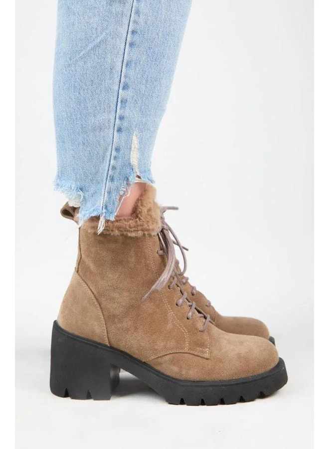 Manijero  [Wilma] Women's Real Leather Fur-Lined and Fur-Striped Heeled Beige Boot. for Women | Best Price UAE