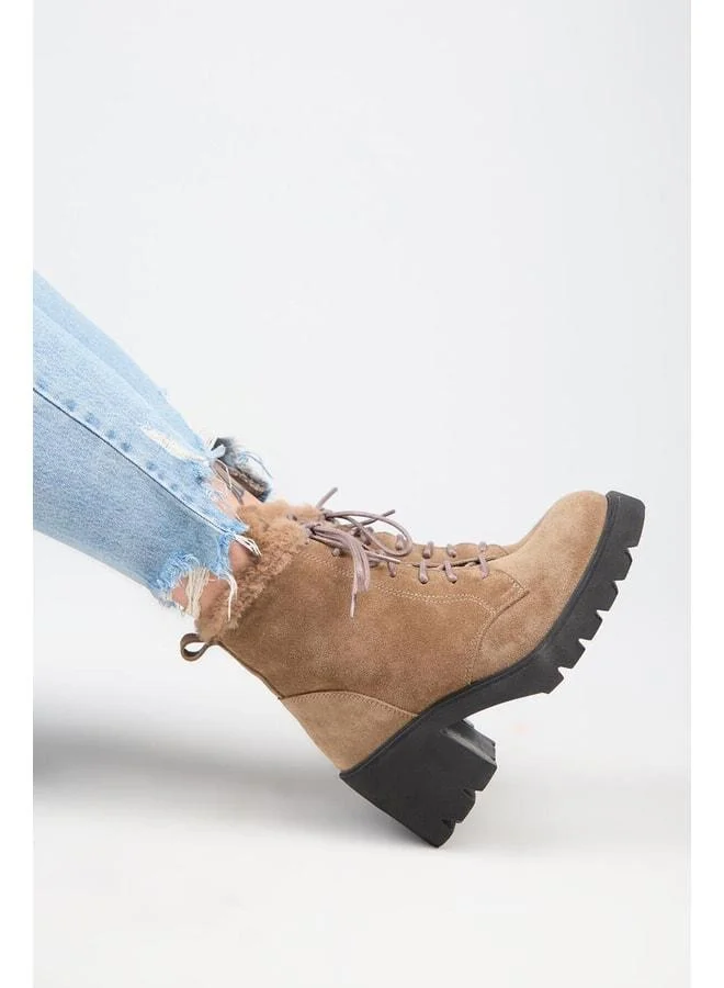 [Wilma] Women's Real Leather Fur-Lined and Fur-Striped Heeled Beige Boot.