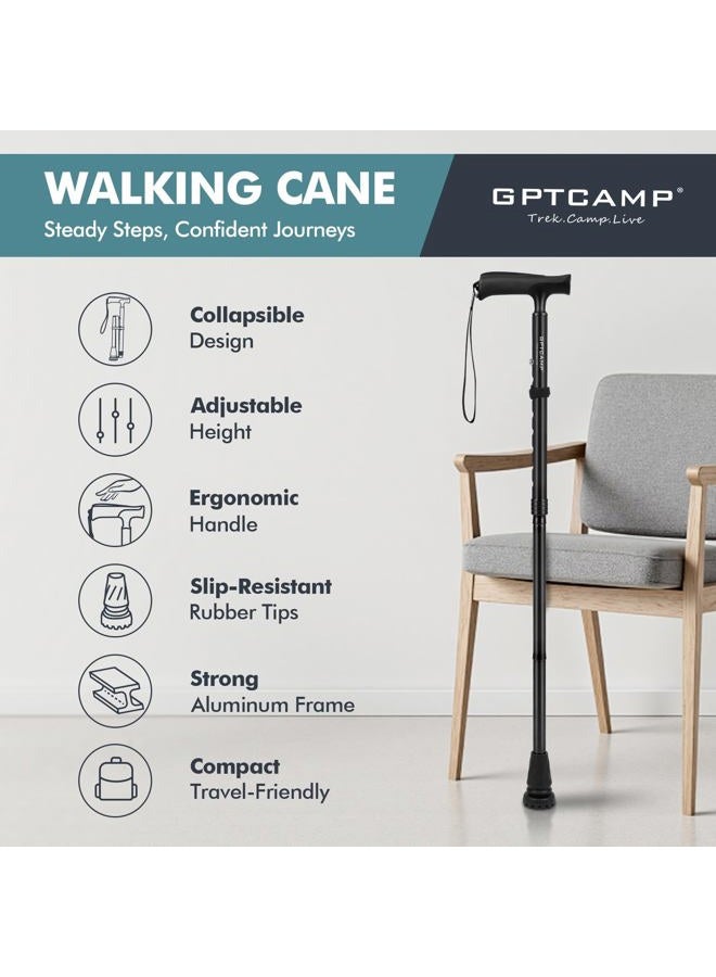GPTCAMP Walking Cane for Men & Women,T-Grip Handle Adjustable Canes | Collapsible & Folding Design, Anti-Slip Pivot Tip, Lightweight Durable Walking Sticks for Seniors & Adults（Black） - Image 2