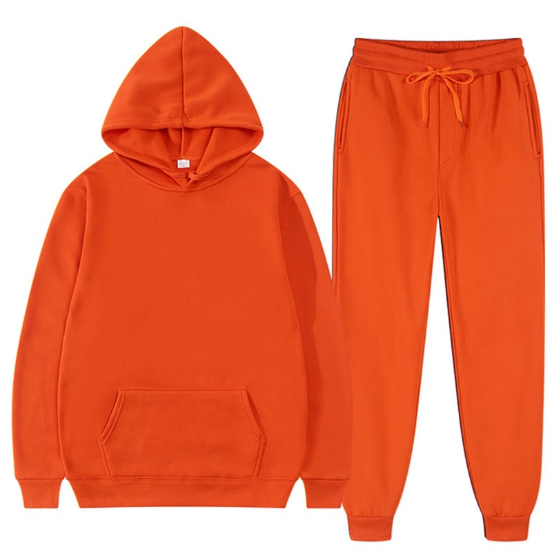 2023 spring and autumn cross-border mens and womens casual European size blank solid color suit fleece loose sweater sweatpants two-piece set batch Orange Red 