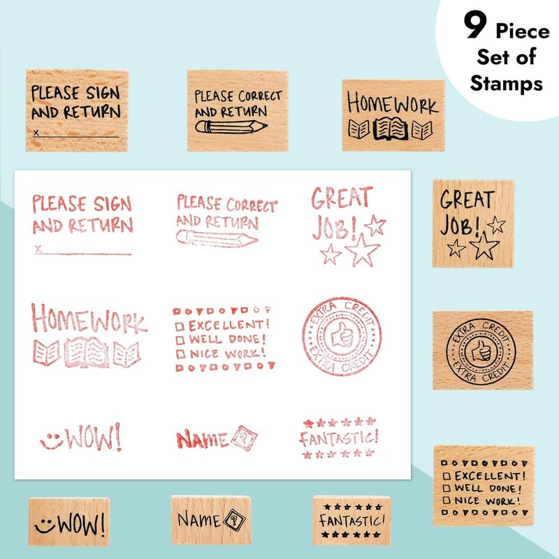 Blue Panda 9 Piece Set of Wooden Rubber Teacher Stamps - Classroom Supplies for Grading Homework and Teacher Supplies (Assorted Sizes Rubber Stamps) - Image 3