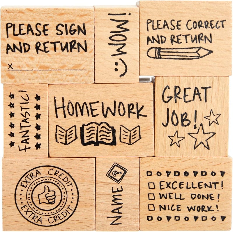 Blue Panda 9 Piece Set of Wooden Rubber Teacher Stamps - Classroom Supplies for Grading Homework and Teacher Supplies (Assorted Sizes Rubber Stamps) - Image 1